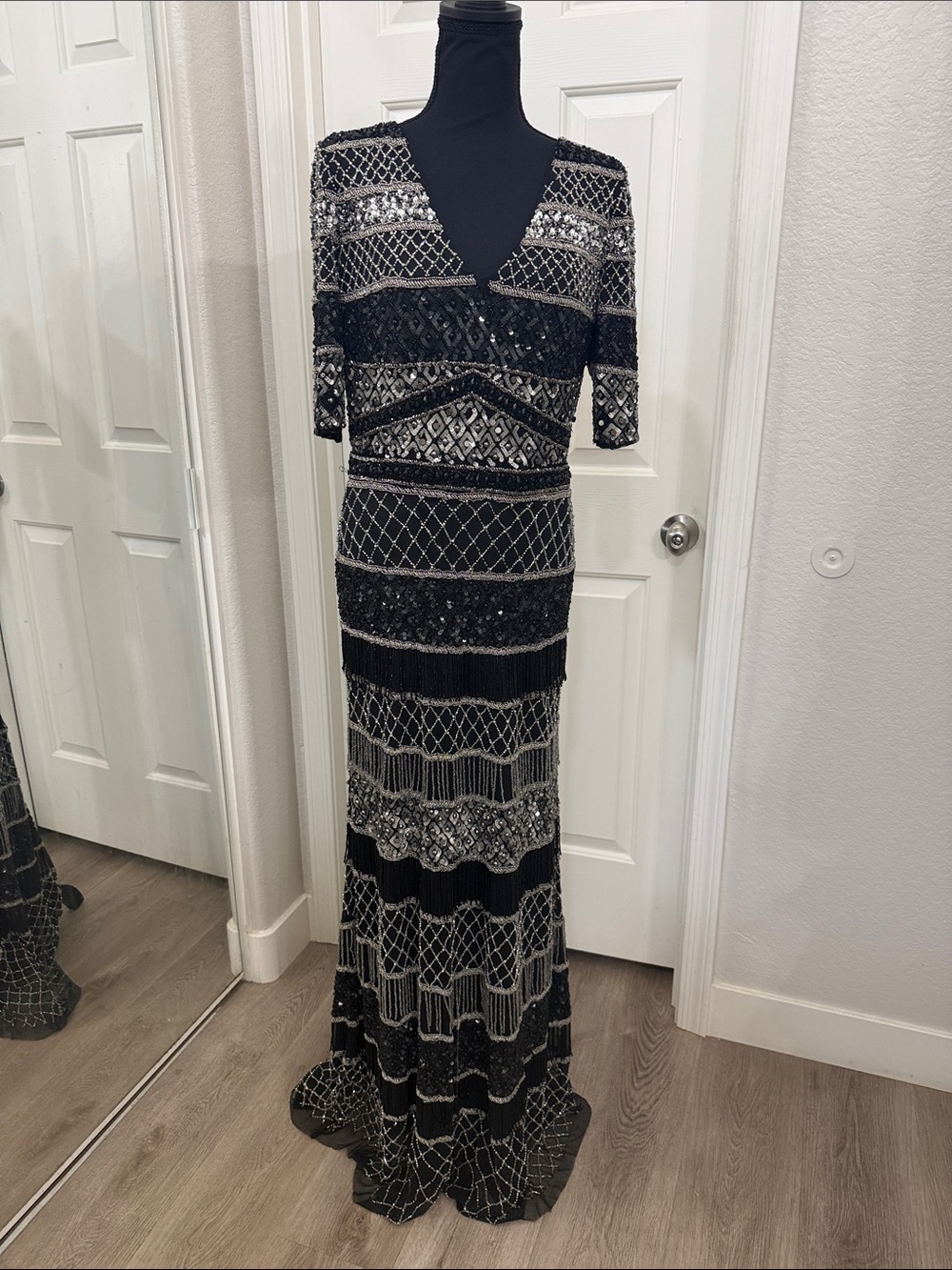 LARA Black and Silver Sequin V-Neck Maxi Dress